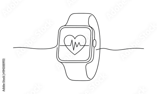 "Smartwatch Heart Rate Tracking". Minimalistic one-line drawing smartwatch displaying a heart pulse waveform