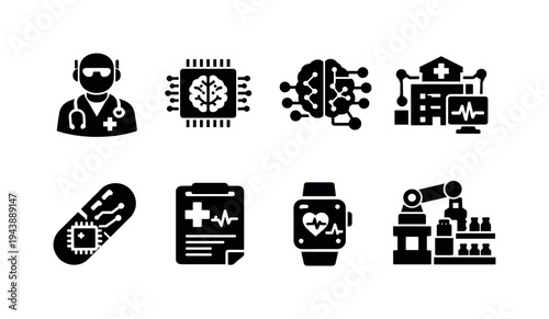 AI Medical Technology. Filled icon set of AI Medical Technology: robotic doctor, AI medical chip, healthcare