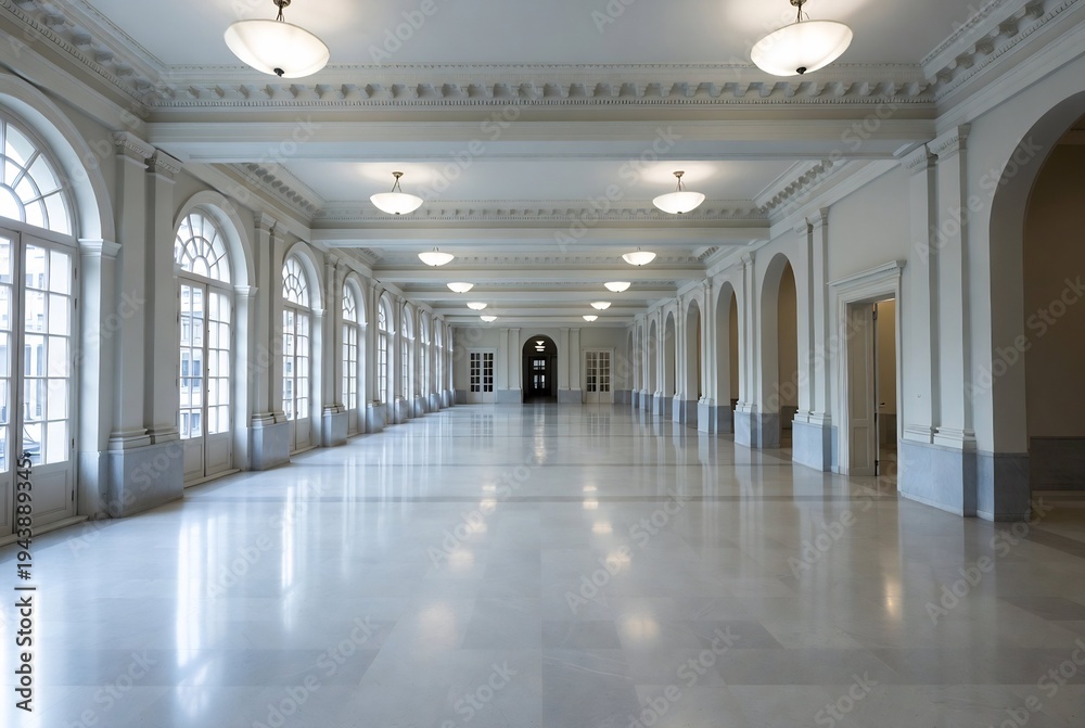 Fototapeta premium A long, empty marble hallway in a grand building.