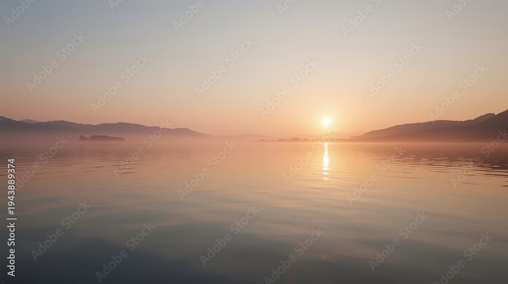 Obraz premium Golden Sunrise Over Calm Lake Horizon