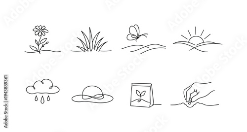 "Spring Meadow Awakening". Minimalistic set one-line drawing blooming meadow flower, fresh grass tuft,