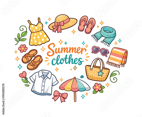 Summer clothes. Hand drawn illustration of Summer clothes. sundress, sun hat, flip flops, lightweight scarf,