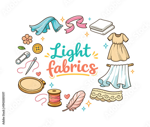 Light fabrics. Hand drawn illustration of Light fabrics. flowing scarf, silk ribbon, cotton sheet, linen dress