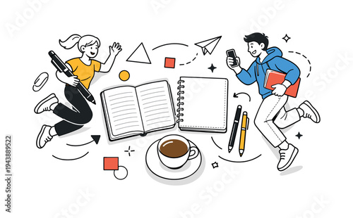 Minimalist flat lay compositions. Overhead view of neatly arranged stationery: notebooks, pens, and coffee cup