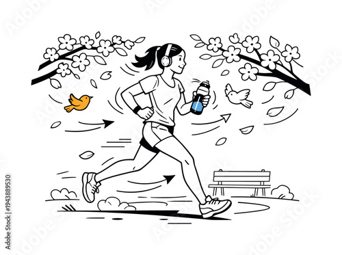Morning jog in the park. A runner passing under blossoming trees, small birds flying around, leaves and petals