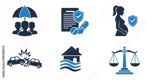 Blue Insurance Protection Icon Set Vector - Glyph solid icon - Editable modern style icon - Modern style icon - Blue icon set