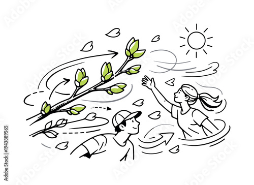 Tree buds blooming. Fresh green buds gently opening on slender branches, tiny leaves unfolding toward the sun.