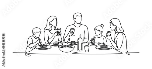 "Family Dinner". Minimalistic one-line drawing family gathered around a dining table with plates and glasses,