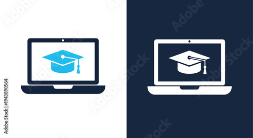 Graduation cap laptop icons education digital learning - Blue icon set - Modern style icon  - Glyph and solid icon set - Icon vector - Minimalist, flat icon