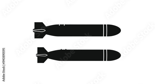 Two black silhouettes of aerial bombs side view on a white background