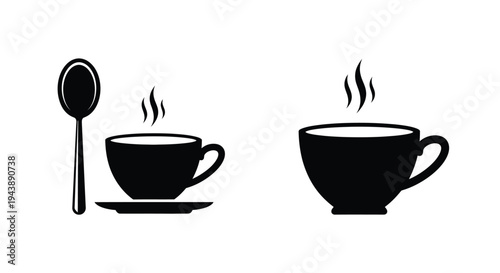Black and white illustration of two coffee cups and a spoon