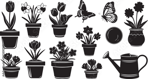 Black and white illustration of potted plants and flowers