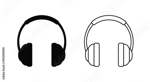 Two headphone outlines one filled black and one white isolated on white