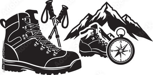 Hiking boots and gear for mountain adventure travel exploration