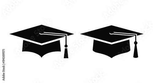 Two black graduation caps depicted in a simple graphic style