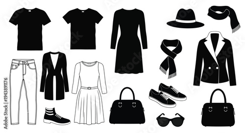 Black silhouette illustrations of various clothing items and accessories