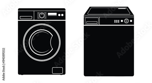 Black and white graphic of a front load washing machine and dryer