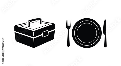 Lunchbox with plate fork and knife a simple meal setup