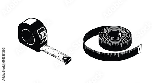 Black and white illustration of a retractable measuring tape and coiled tape