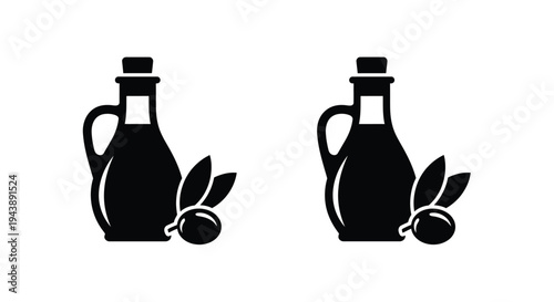 Two black silhouette icons of olive oil bottles with olive branches