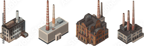 Isometric industrial factory buildings set with chimneys and warehouses, vintage and modern manufacturing plants vector illustration isolated on white background