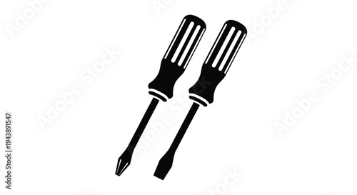 Two black and white screwdrivers displayed diagonally against a white background