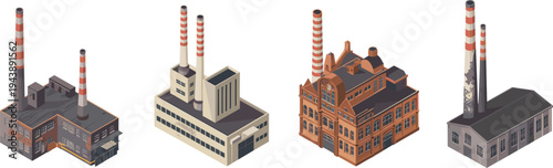 Isometric industrial factory buildings with smokestacks illustration set showing manufacturing plants, power stations, warehouses and heavy industry architecture collection