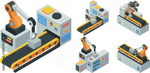 Isometric robotic arm assembly line machines with conveyor belt automation technology industrial manufacturing process vector illustration isolated on white