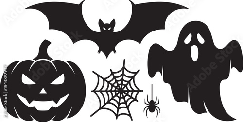Halloween icons including bat, ghost, spider, web, and pumpkin