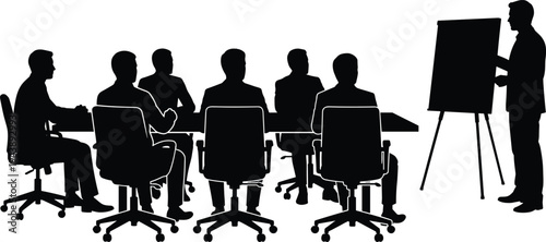 Business meeting presentation silhouettes with team listening to speaker at boardroom training seminar corporate discussion and leadership concept