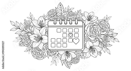 Delicate floral calendar illustration with heart on a special date, perfect for wedding planning or event scheduling
