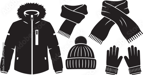 Winter clothing set with jacket, hat, gloves, and scarf