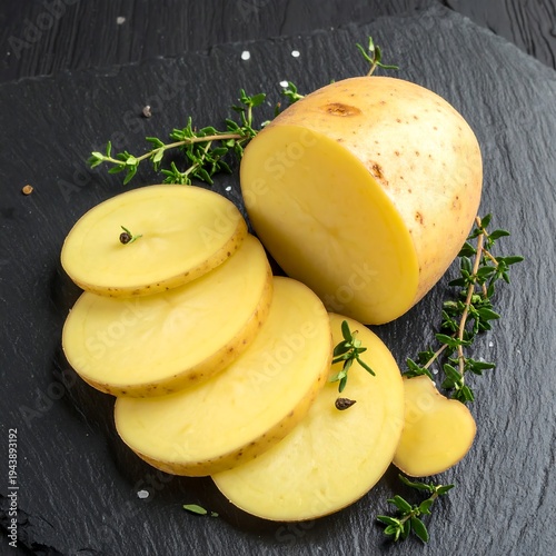 Sliced potatoes on a slate plate with herbs