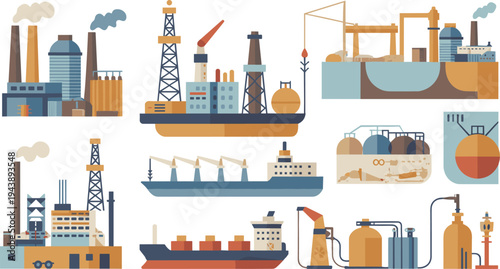 Oil and gas refinery industry vector illustration with drilling rigs tanker ships pipelines petrochemical plants energy production infrastructure icons