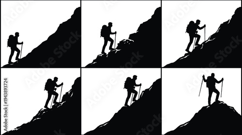 Mountain climber hiking silhouettes set with backpack and trekking poles climbing steep rocky slope adventure exploration outdoor activity concept