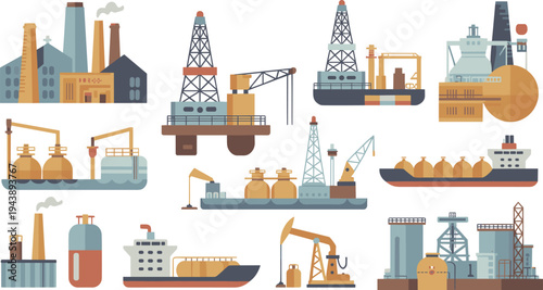 Oil petroleum industry vector icons set with offshore drilling platforms refinery plants tankers pipelines fuel production energy infrastructure illustration
