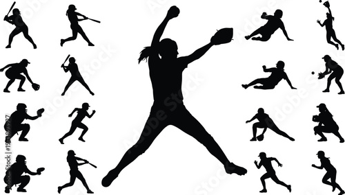 Softball and baseball player silhouettes set with pitcher batter catcher sliding running and fielding actions sport activity collection