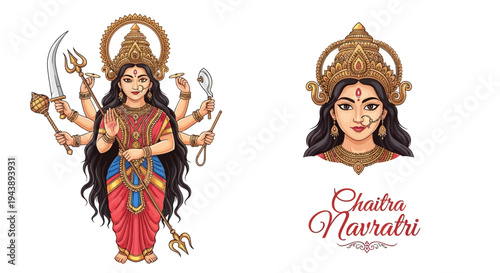 Illustration of Goddess Durga worship during Chaitra Navratri festival, a significant Hindu religious celebration in India with traditional design elements.