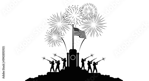Patriotic Silhouette: Soldiers Firing Fireworks for Independence Day Celebration