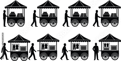 Street vendor cart silhouettes set with market stalls selling food and clothes mobile shop street market retail concept