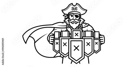 Pirate Captain with Shields and Sword, Cartoon Style