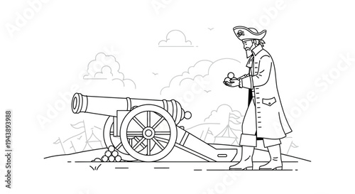 Pirate soldier with cannon and cannonball, historical battle scene, vintage illustration