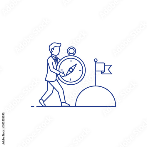 Business Man Holding Compass Towards Goal Flag.