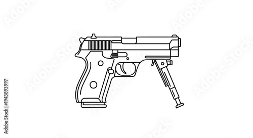 Pistol with Bipod, Line Drawing, Isolated on White Background