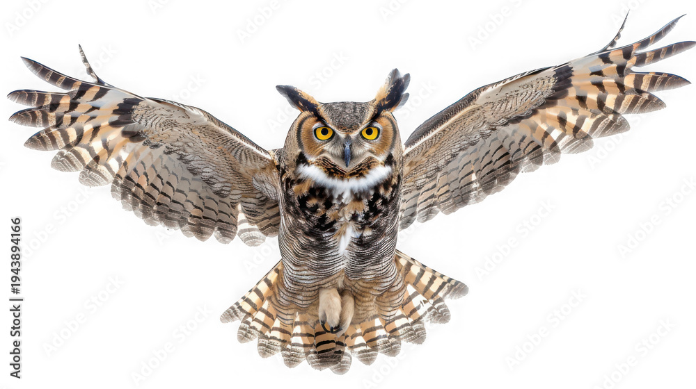 Fototapeta premium Great horned owl flying with wings spread with bird with raptor with isolated on transparent background