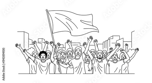 Protest Crowd with Flag and Raised Fists, City Background