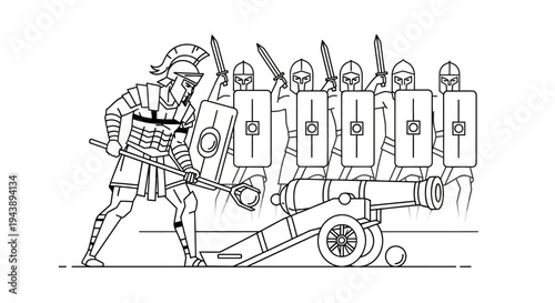 Roman soldiers with cannon and shields, ancient warfare, historical battle illustration