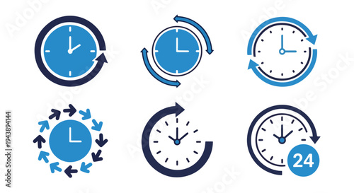 Time management vector icons set blue circular arrows - Minimalist, flat icon, outline, glyph, linear, clipart, sticker - Blue icon set - Glyph icon