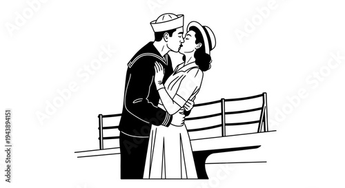 Sailor kissing girlfriend goodbye on a ship deck, vintage style illustration