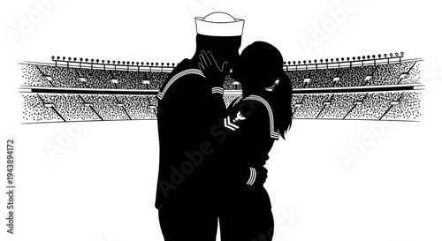 Sailor Couple Kissing in Front of Stadium
